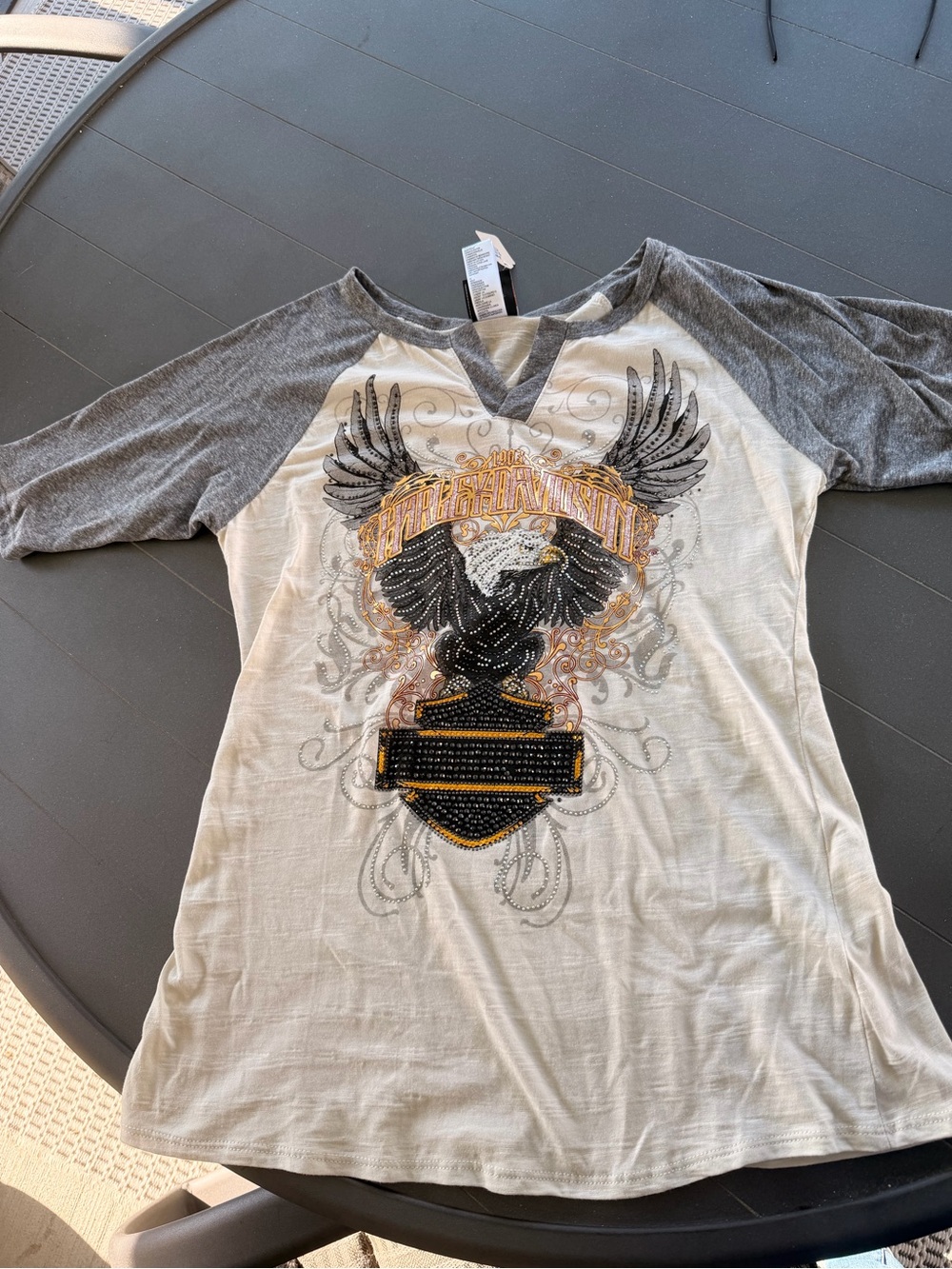 Harley Davidson Graphic Eagle Raglan Tee - Gray/White lots of Bling!!!